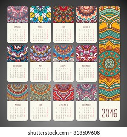 Calendar 2016. Vintage decorative elements. Ornamental floral business cards, oriental pattern, vector illustration.  Islam, Arabic, Indian, turkish, pakistan, chinese, ottoman motifs