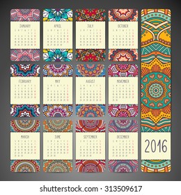 Calendar 2016. Vintage decorative elements. Ornamental floral business cards, oriental pattern, vector illustration.  Islam, Arabic, Indian, turkish, pakistan, chinese, ottoman motifs