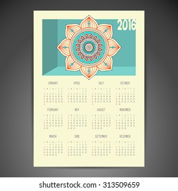 Calendar 2016. Vintage decorative elements. Ornamental floral business cards, oriental pattern, vector illustration.  Islam, Arabic, Indian, turkish, pakistan, chinese, ottoman motifs