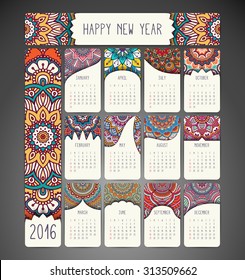 Calendario 2016. Elementos decorativos de época. Tarjetas de visita floral ornamentales, patrón oriental, ilustración vectorial. Islam, árabe, indio, turco, pakistán, motivos chinos, otomanos