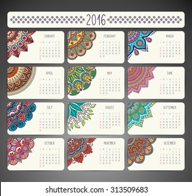 Calendario 2016. Elementos decorativos de época. Tarjetas de visita floral ornamentales, patrón oriental, ilustración vectorial.  Islam, árabe, indio, turco, pakistán, motivos chinos, otomanos