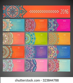 Calendar 2016. Vintage decorative elements. Ornamental floral business cards, oriental pattern, vector illustration.  Islam, Arabic, Indian, turkish, pakistan, chinese, ottoman motifs