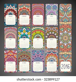 Calendar 2016. Vintage decorative elements. Ornamental floral business cards, oriental pattern, vector illustration.  Islam, Arabic, Indian, turkish, pakistan, chinese, ottoman motifs
