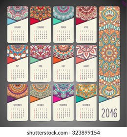 Calendar 2016. Vintage decorative elements. Ornamental floral business cards, oriental pattern, vector illustration.  Islam, Arabic, Indian, turkish, pakistan, chinese, ottoman motifs