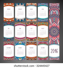 Calendar 2016. Vintage decorative elements. Ornamental floral business cards, oriental pattern, vector illustration.  Islam, Arabic, Indian, turkish, pakistan, chinese, ottoman motifs