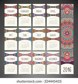 Calendar 2016. Vintage decorative elements. Ornamental floral business cards, oriental pattern, vector illustration.  Islam, Arabic, Indian, turkish, pakistan, chinese, ottoman motifs