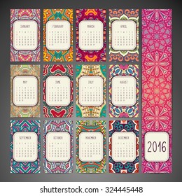 Calendar 2016. Vintage decorative elements. Ornamental floral business cards, oriental pattern, vector illustration.  Islam, Arabic, Indian, turkish, pakistan, chinese, ottoman motifs