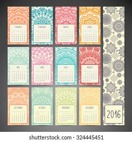 Calendar 2016. Vintage decorative elements. Ornamental floral business cards, oriental pattern, vector illustration.  Islam, Arabic, Indian, turkish, pakistan, chinese, ottoman motifs