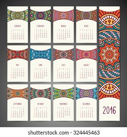 Calendar 2016. Vintage decorative elements. Ornamental floral business cards, oriental pattern, vector illustration.  Islam, Arabic, Indian, turkish, pakistan, chinese, ottoman motifs
