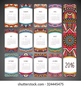 Calendar 2016. Vintage decorative elements. Ornamental floral business cards, oriental pattern, vector illustration.  Islam, Arabic, Indian, turkish, pakistan, chinese, ottoman motifs