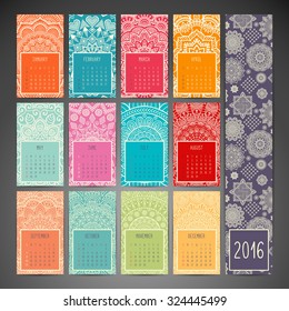 Calendar 2016. Vintage decorative elements. Ornamental floral business cards, oriental pattern, vector illustration.  Islam, Arabic, Indian, turkish, pakistan, chinese, ottoman motifs