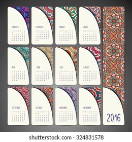 Calendar 2016. Vintage decorative elements. Ornamental floral business cards, oriental pattern, vector illustration.  Islam, Arabic, Indian, turkish, pakistan, chinese, ottoman motifs