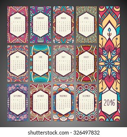 Calendar 2016. Vintage decorative elements. Ornamental floral business cards, oriental pattern, vector illustration.  Islam, Arabic, Indian, turkish, pakistan, chinese, ottoman motifs