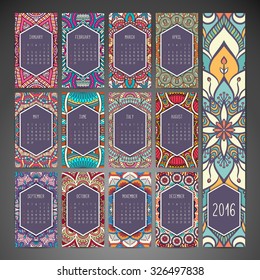 Calendar 2016. Vintage decorative elements. Ornamental floral business cards, oriental pattern, vector illustration.  Islam, Arabic, Indian, turkish, pakistan, chinese, ottoman motifs