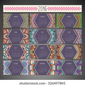 Calendar 2016. Vintage decorative elements. Ornamental floral business cards, oriental pattern, vector illustration.  Islam, Arabic, Indian, turkish, pakistan, chinese, ottoman motifs