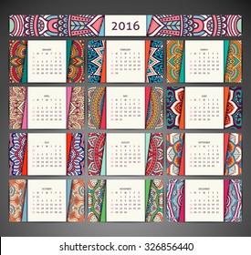 Calendar 2016. Vintage decorative elements. Ornamental floral business cards, oriental pattern, vector illustration.  Islam, Arabic, Indian, turkish, pakistan, chinese, ottoman motifs