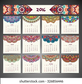 Calendar 2016. Vintage decorative elements. Ornamental floral business cards, oriental pattern, vector illustration.  Islam, Arabic, Indian, turkish, pakistan, chinese, ottoman motifs