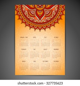 Calendar 2016. Vintage decorative elements. Ornamental floral business cards, oriental pattern, vector illustration.  Islam, Arabic, Indian, turkish, pakistan, chinese, ottoman motifs