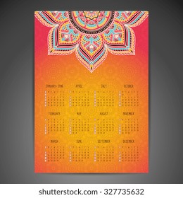 Calendar 2016. Vintage decorative elements. Ornamental floral business cards, oriental pattern, vector illustration.  Islam, Arabic, Indian, turkish, pakistan, chinese, ottoman motifs