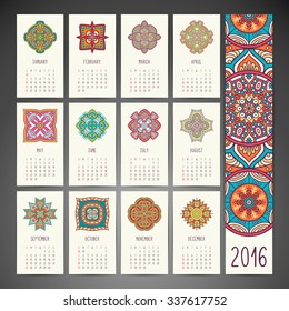 Calendar 2016. Vintage decorative elements. Ornamental floral business cards, oriental pattern, vector illustration.  Islam, Arabic, Indian, turkish, pakistan, chinese, ottoman motifs