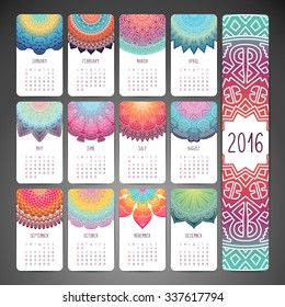 Calendar 2016. Vintage decorative elements. Ornamental floral business cards, oriental pattern, vector illustration.  Islam, Arabic, Indian, turkish, pakistan, chinese, ottoman motifs