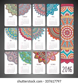Calendar 2016. Vintage decorative elements. Ornamental floral business cards, oriental pattern, vector illustration.  Islam, Arabic, Indian, turkish, pakistan, chinese, ottoman motifs