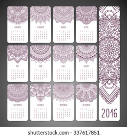 Calendar 2016. Vintage decorative elements. Ornamental floral business cards, oriental pattern, vector illustration.  Islam, Arabic, Indian, turkish, pakistan, chinese, ottoman motifs