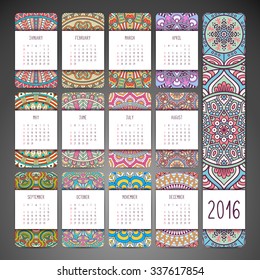 Calendar 2016. Vintage decorative elements. Ornamental floral business cards, oriental pattern, vector illustration.  Islam, Arabic, Indian, turkish, pakistan, chinese, ottoman motifs