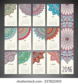 Calendar 2016. Vintage decorative elements. Ornamental floral business cards, oriental pattern, vector illustration.  Islam, Arabic, Indian, turkish, pakistan, chinese, ottoman motifs