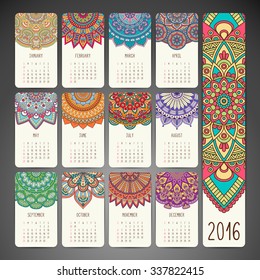 Calendar 2016. Vintage decorative elements. Ornamental floral business cards, oriental pattern, vector illustration.  Islam, Arabic, Indian, turkish, pakistan, chinese, ottoman motifs