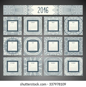 Calendar 2016. Vintage decorative elements. Ornamental floral business cards, oriental pattern, vector illustration.  Islam, Arabic, Indian, turkish, pakistan, chinese, ottoman motifs