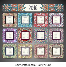 Calendar 2016. Vintage decorative elements. Ornamental floral business cards, oriental pattern, vector illustration.  Islam, Arabic, Indian, turkish, pakistan, chinese, ottoman motifs