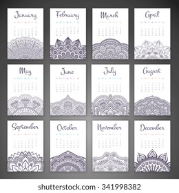 Calendar 2016. Vintage decorative elements. Ornamental floral business cards, oriental pattern, vector illustration.  Islam, Arabic, Indian, turkish, pakistan, chinese, ottoman motifs