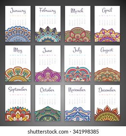 Calendar 2016. Vintage decorative elements. Ornamental floral business cards, oriental pattern, vector illustration.  Islam, Arabic, Indian, turkish, pakistan, chinese, ottoman motifs