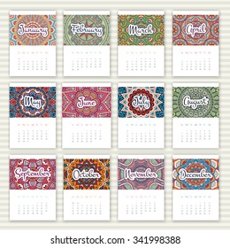 Calendar 2016. Vintage decorative elements. Ornamental floral business cards, oriental pattern, vector illustration.  Islam, Arabic, Indian, turkish, pakistan, chinese, ottoman motifs