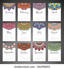 Calendar 2016. Vintage decorative elements. Ornamental floral business cards, oriental pattern, vector illustration.  Islam, Arabic, Indian, turkish, pakistan, chinese, ottoman motifs