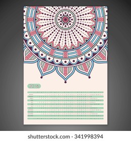 Calendar 2016. Vintage decorative elements. Ornamental floral business cards, oriental pattern, vector illustration.  Islam, Arabic, Indian, turkish, pakistan, chinese, ottoman motifs