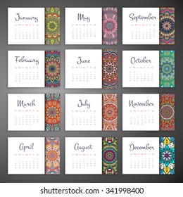 Calendar 2016. Vintage decorative elements. Ornamental floral business cards, oriental pattern, vector illustration.  Islam, Arabic, Indian, turkish, pakistan, chinese, ottoman motifs