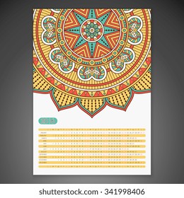 Calendar 2016. Vintage decorative elements. Ornamental floral business cards, oriental pattern, vector illustration.  Islam, Arabic, Indian, turkish, pakistan, chinese, ottoman motifs