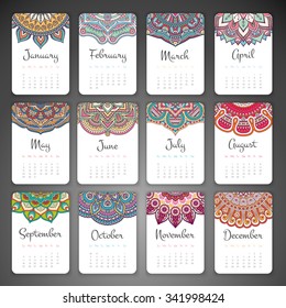 Calendar 2016. Vintage decorative elements. Ornamental floral business cards, oriental pattern, vector illustration.  Islam, Arabic, Indian, turkish, pakistan, chinese, ottoman motifs