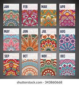Calendar 2016. Vintage decorative elements. Ornamental floral business cards, oriental pattern, vector illustration.  Islam, Arabic, Indian, turkish, pakistan, chinese, ottoman motifs