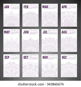 Calendar 2016. Vintage decorative elements. Ornamental floral business cards, oriental pattern, vector illustration.  Islam, Arabic, Indian, turkish, pakistan, chinese, ottoman motifs