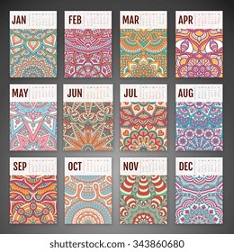 Calendar 2016. Vintage decorative elements. Ornamental floral business cards, oriental pattern, vector illustration.  Islam, Arabic, Indian, turkish, pakistan, chinese, ottoman motifs