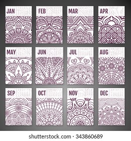 Calendar 2016. Vintage decorative elements. Ornamental floral business cards, oriental pattern, vector illustration.  Islam, Arabic, Indian, turkish, pakistan, chinese, ottoman motifs