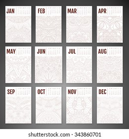 Calendar 2016. Vintage decorative elements. Ornamental floral business cards, oriental pattern, vector illustration.  Islam, Arabic, Indian, turkish, pakistan, chinese, ottoman motifs
