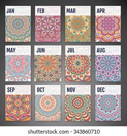 Calendar 2016. Vintage decorative elements. Ornamental floral business cards, oriental pattern, vector illustration.  Islam, Arabic, Indian, turkish, pakistan, chinese, ottoman motifs