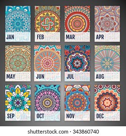 Calendar 2016. Vintage decorative elements. Ornamental floral business cards, oriental pattern, vector illustration.  Islam, Arabic, Indian, turkish, pakistan, chinese, ottoman motifs