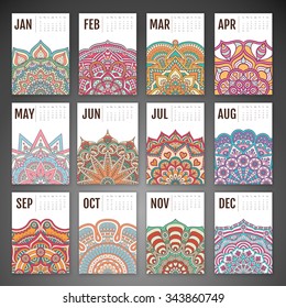 Calendar 2016. Vintage decorative elements. Ornamental floral business cards, oriental pattern, vector illustration.  Islam, Arabic, Indian, turkish, pakistan, chinese, ottoman motifs
