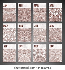 Calendar 2016. Vintage decorative elements. Ornamental floral business cards, oriental pattern, vector illustration.  Islam, Arabic, Indian, turkish, pakistan, chinese, ottoman motifs