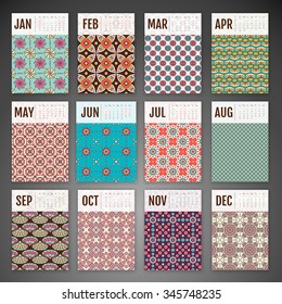 Calendar 2016. Vintage decorative elements. Ornamental floral business cards, oriental pattern, vector illustration.  Islam, Arabic, Indian, turkish, pakistan, chinese, ottoman motifs